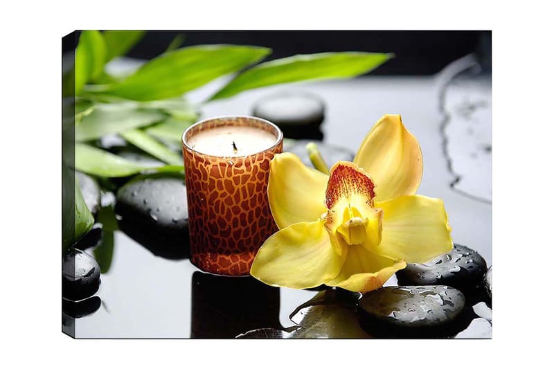 Canvas taulu 70x100 cm - Elegantti keltainen orkideakukka tuoksukynttilällä ja mustilla kivillä harmonisessa sommitelmassa, Keltainen / Musta / Vihreä