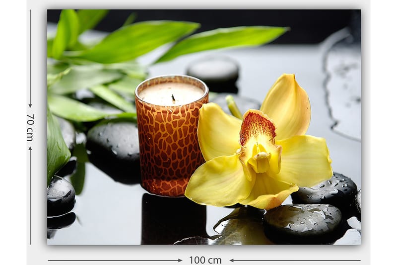 Canvas taulu 70x100 cm - Elegantti keltainen orkideakukka tuoksukynttilällä ja mustilla kivillä harmonisessa sommitelmassa - Keltainen / Musta / Vihreä - Sisustustuotteet - Taulu & taide - Canvas-taulu