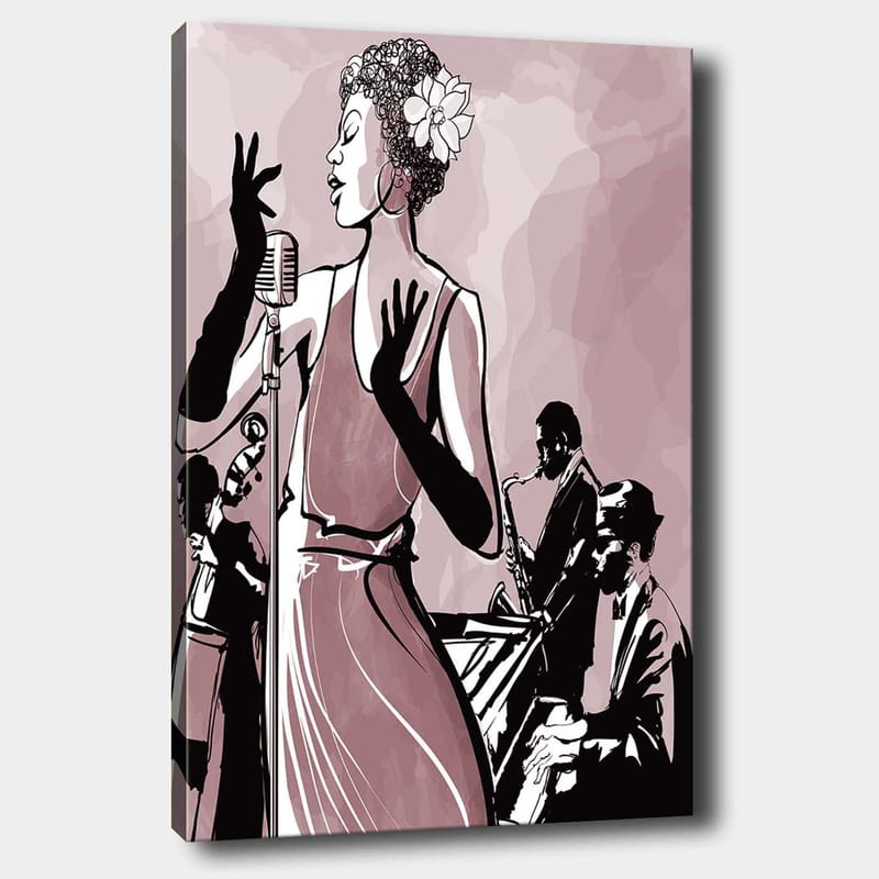 Canvas taulu 70x100 cm - Elegantti laulaja keskipisteenä, muusikoiden ympäröimänä luomassa jazz-tunnelmaa - Tummanpunainen / Musta / Valkoinen - Sisustustuotteet - Taulu & taide - Canvas-taulu
