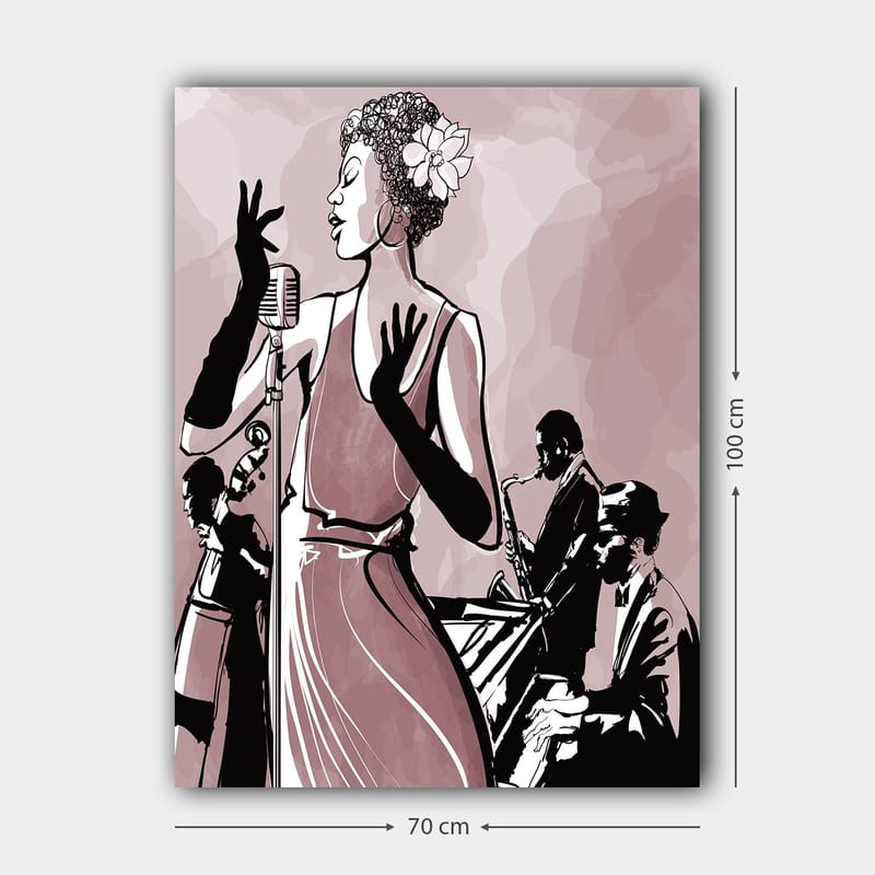 Canvas taulu 70x100 cm - Elegantti laulaja keskipisteenä, muusikoiden ympäröimänä luomassa jazz-tunnelmaa - Tummanpunainen / Musta / Valkoinen - Sisustustuotteet - Taulu & taide - Canvas-taulu