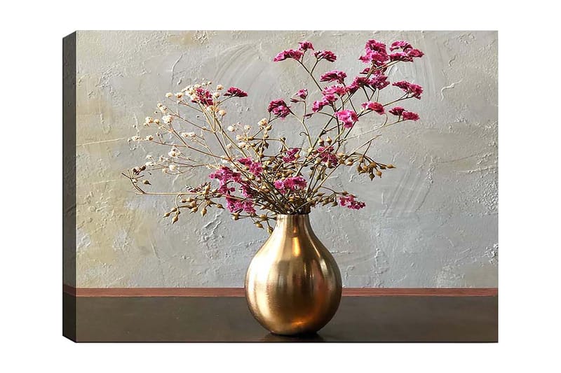 Canvas taulu 70x100 cm - Elegantti maljakko kuivakukilla vaaleanpunaisissa ja beigeissä sävyissä, Kulta / Vaaleanpunainen / Beige