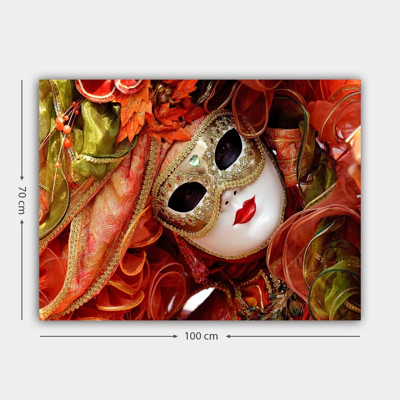 Canvas taulu 70x100 cm - Elegantti naamiaishahmo koristeellisella naamiolla ja värikkäällä asulla - Punainen / Oranssi / Vihreä - Sisustustuotteet - Taulu & taide - Canvas-taulu