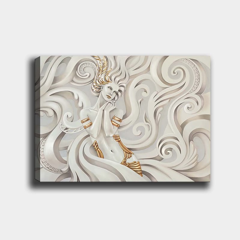 Canvas taulu 70x100 cm - Elegantti nainen hulmuavilla hiuksilla, koristeellisten pyörteiden ja kuvioiden ympäröimänä, Valkoinen / Kulta / Harmaa