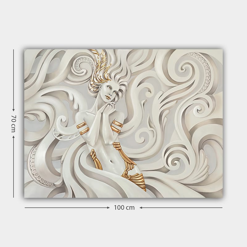 Canvas taulu 70x100 cm - Elegantti nainen hulmuavilla hiuksilla, koristeellisten pyörteiden ja kuvioiden ympäröimänä - Valkoinen / Kulta / Harmaa - Sisustustuotteet - Taulu & taide - Canvas-taulu