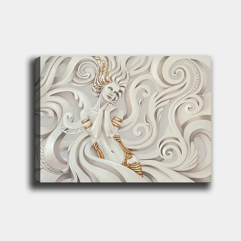 Canvas taulu 70x100 cm - Elegantti nainen hulmuavilla hiuksilla, koristeellisten pyörteiden ja kuvioiden ympäröimänä, Valkoinen / Kulta / Harmaa