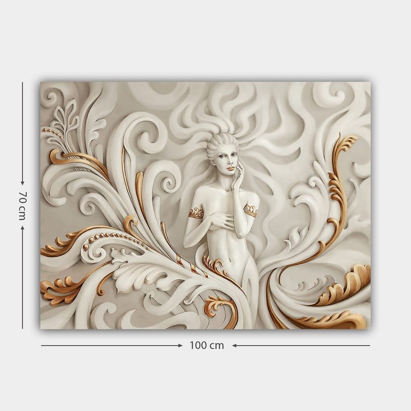 Canvas taulu 70x100 cm - Elegantti nainen kiemurtelevien koristeiden ja pehmeiden linjojen ympäröimänä - Valkoinen / Beige / Kulta - Sisustustuotteet - Taulu & taide - Canvas-taulu