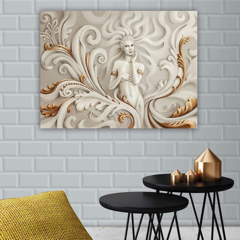 Canvas taulu 70x100 cm - Elegantti nainen kiemurtelevien koristeiden ja pehmeiden linjojen ympäröimänä - Valkoinen / Beige / Kulta - Sisustustuotteet - Taulu & taide - Canvas-taulu