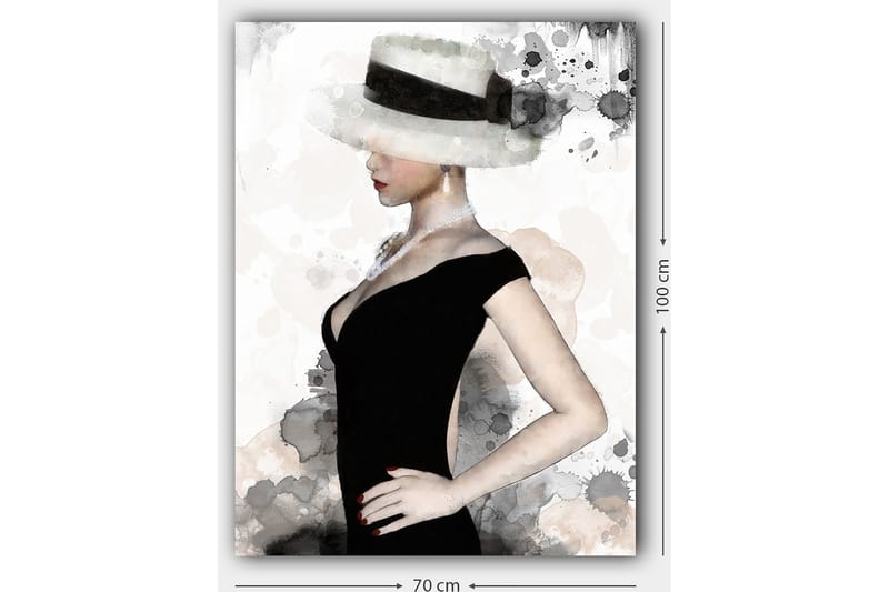 Canvas taulu 70x100 cm - Elegantti nainen mustassa mekossa ja suuressa hatussa, joka korostaa hänen tyyliään ja kauneuttaan - Musta / Harmaa / Beige - Sisustustuotteet - Taulu & taide - Canvas-taulu
