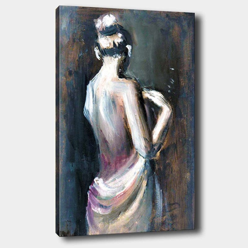 Canvas taulu 70x100 cm - Elegantti nainen takaapäin kuvattuna laskostetussa mekossa, Valkoinen / Beige / Tummansininen