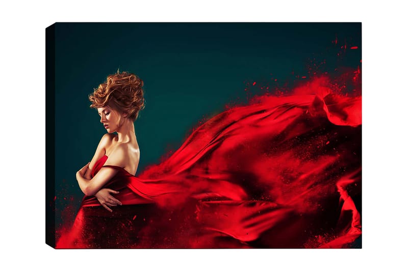 Canvas taulu 70x100 cm - Elegantti nainen punaisessa mekossa leijuu dramaattisella liikkeellä, Punainen / Tummansininen