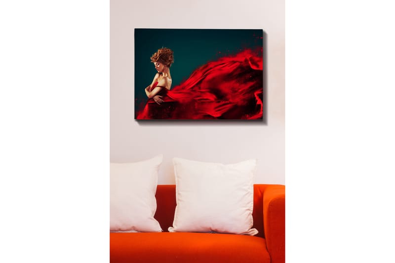 Canvas taulu 70x100 cm - Elegantti nainen punaisessa mekossa leijuu dramaattisella liikkeellä - Punainen / Tummansininen - Sisustustuotteet - Taulu & taide - Canvas-taulu