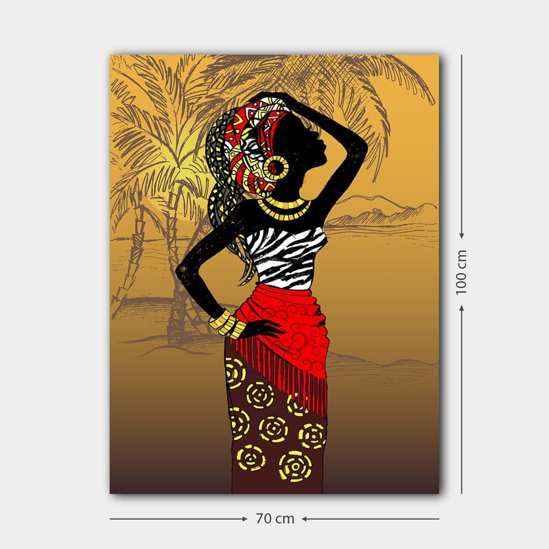 Canvas taulu 70x100 cm - Elegantti nainen perinteisissä vaatteissa ja koruissa poseeraa eksoottista taustaa vasten - Musta / Punainen / Keltainen - Sisustustuotteet - Taulu & taide - Canvas-taulu