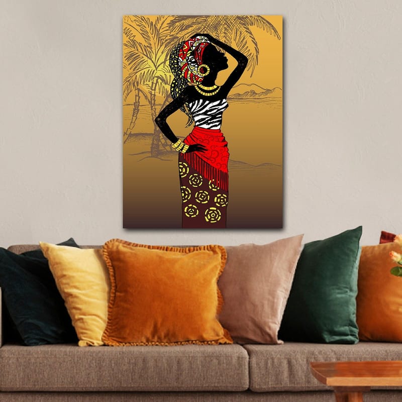 Canvas taulu 70x100 cm - Elegantti nainen perinteisissä vaatteissa ja koruissa poseeraa eksoottista taustaa vasten - Musta / Punainen / Keltainen - Sisustustuotteet - Taulu & taide - Canvas-taulu