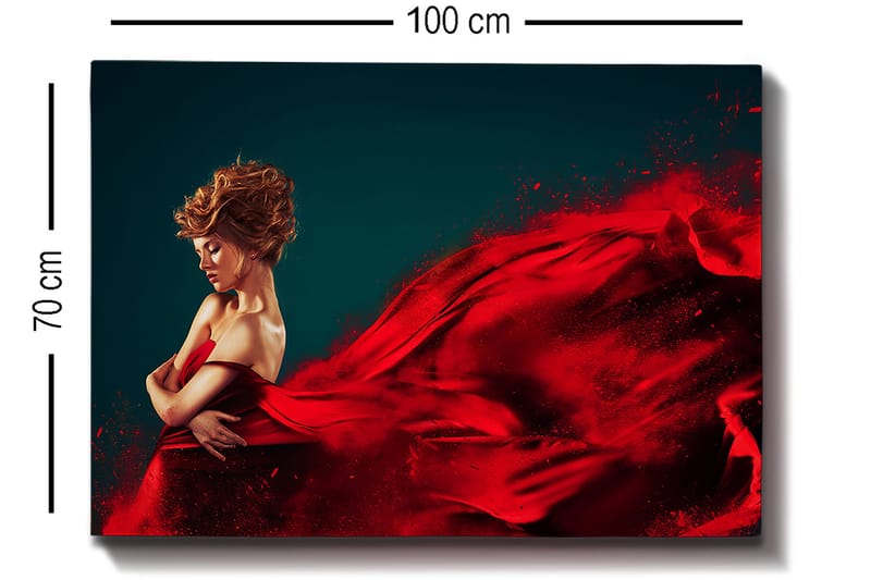 Canvas taulu 70x100 cm - Elegantti nainen punaisessa mekossa leijuu dramaattisella liikkeellä - Punainen / Tummansininen - Sisustustuotteet - Taulu & taide - Canvas-taulu