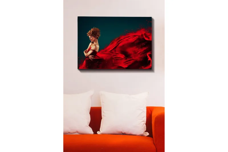 Canvas taulu 70x100 cm - Elegantti nainen punaisessa mekossa leijuu dramaattisella liikkeellä - Punainen / Tummansininen - Sisustustuotteet - Taulu & taide - Canvas-taulu