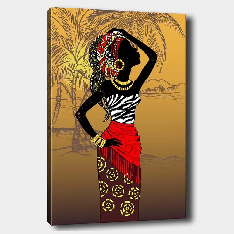 Canvas taulu 70x100 cm - Elegantti nainen perinteisissä vaatteissa ja koruissa poseeraa eksoottista taustaa vasten, Musta / Punainen / Keltainen