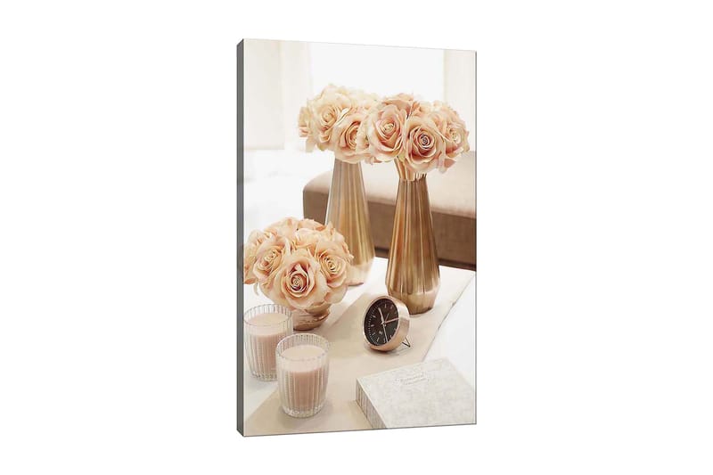 Canvas taulu 70x100 cm - Elegantti ruusuasetelma maljakoissa luo romanttisen tunnelman, Vaaleanpunainen / Kulta / Beige