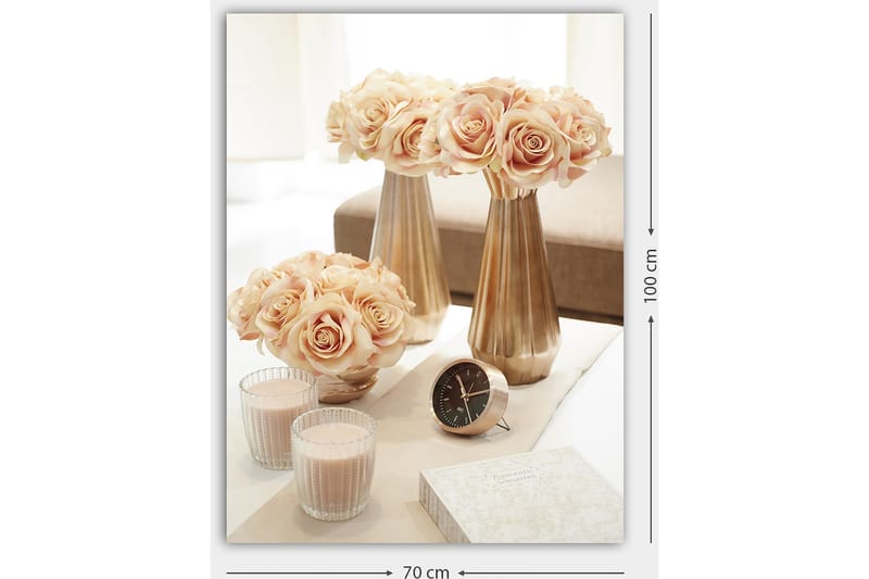 Canvas taulu 70x100 cm - Elegantti ruusuasetelma maljakoissa luo romanttisen tunnelman - Vaaleanpunainen / Kulta / Beige - Sisustustuotteet - Taulu & taide - Canvas-taulu