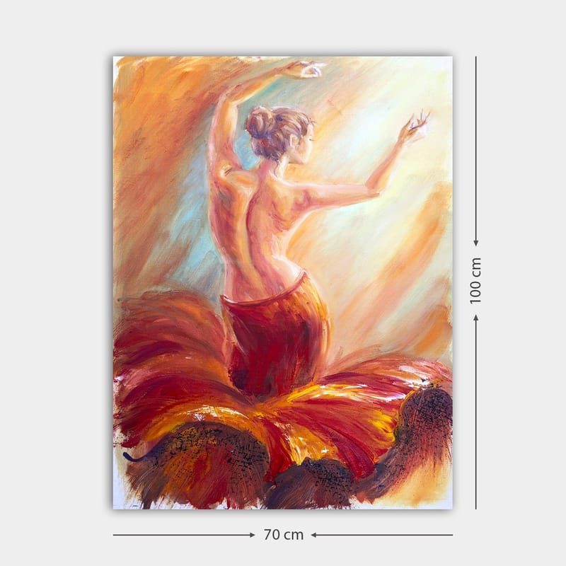 Canvas taulu 70x100 cm - Elegantti tanssija punaisessa mekossa, joka vangitsee tanssin liikkeen ja tunnelman - Punainen / Oranssi / Beige - Sisustustuotteet - Taulu & taide - Canvas-taulu
