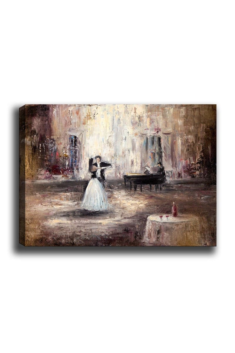 Canvas taulu 70x100 cm - Elegantti tanssiva nainen valkoisessa mekossa pianon edessä romanttisessa ympäristössä, Valkoinen / Ruskea / Harmaa