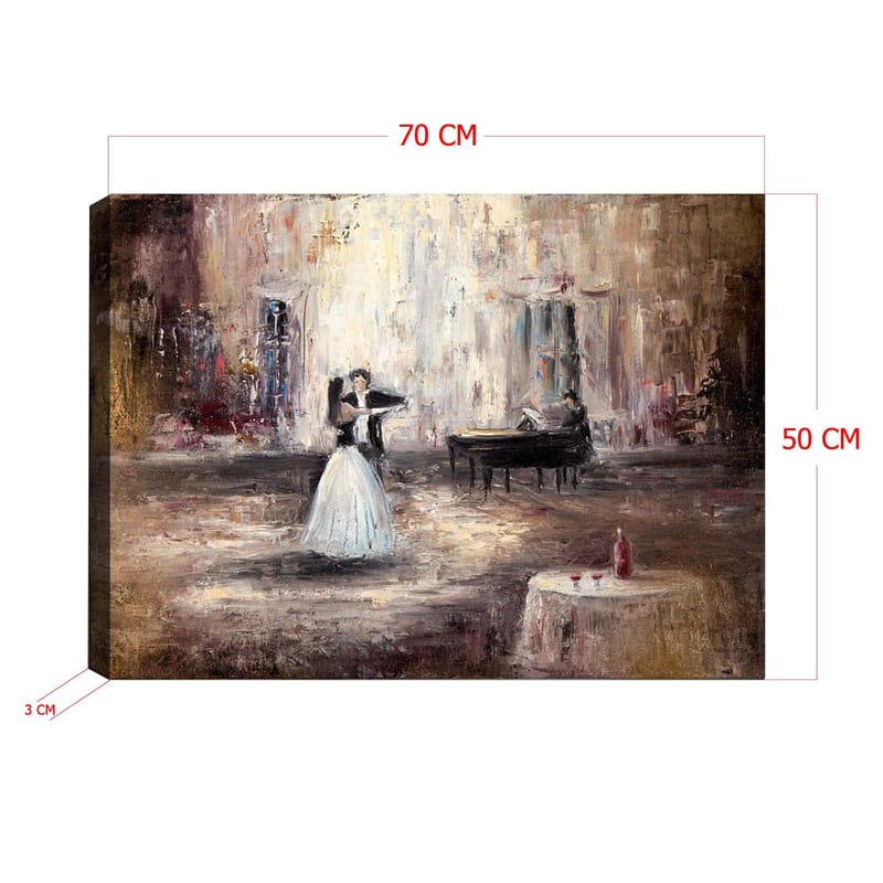 Canvas taulu 70x100 cm - Elegantti tanssiva nainen valkoisessa mekossa pianon edessä romanttisessa ympäristössä - Valkoinen / Ruskea / Harmaa - Sisustustuotteet - Taulu & taide - Canvas-taulu