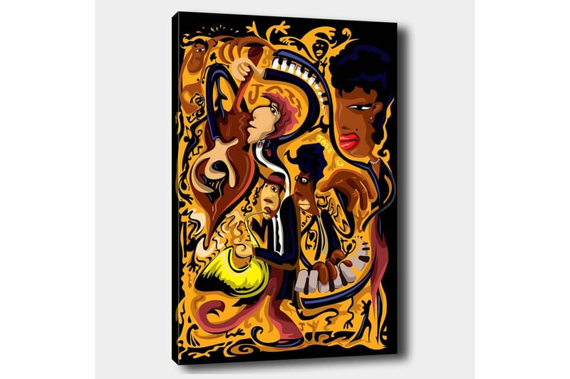 Canvas taulu 70x100 cm - Eloisa ja dynaaminen kuvaus muusikoista soittamassa erilaisia soittimia värikkäässä sommitelmassa - Kulta / Musta / Punainen - Sisustustuotteet - Taulu & taide - Canvas-taulu