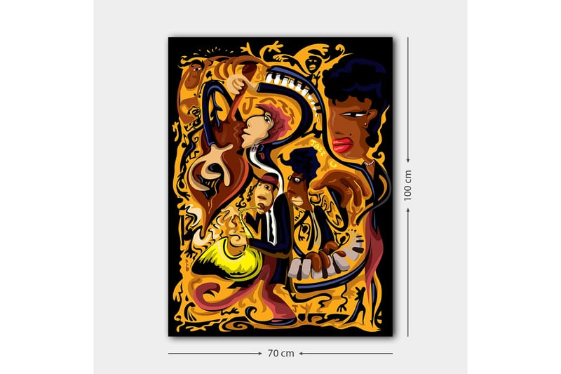 Canvas taulu 70x100 cm - Eloisa ja dynaaminen kuvaus muusikoista soittamassa erilaisia soittimia värikkäässä sommitelmassa - Kulta / Musta / Punainen - Sisustustuotteet - Taulu & taide - Canvas-taulu