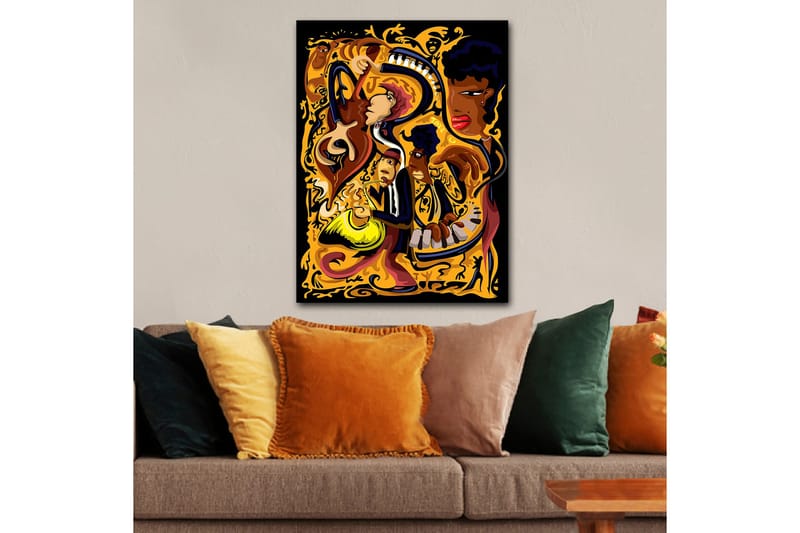 Canvas taulu 70x100 cm - Eloisa ja dynaaminen kuvaus muusikoista soittamassa erilaisia soittimia värikkäässä sommitelmassa, Kulta / Musta / Punainen