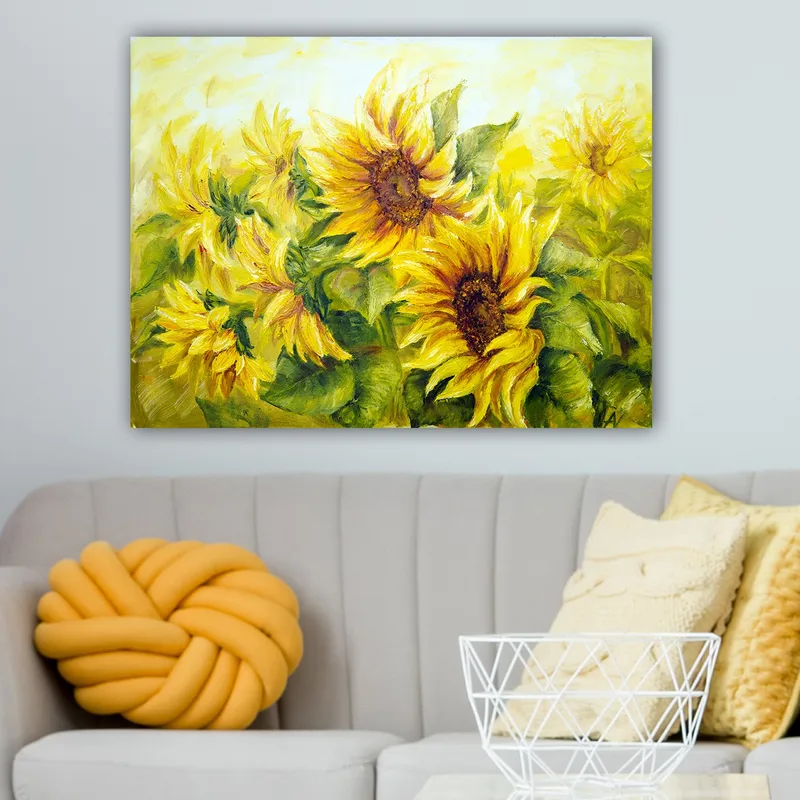 Canvas taulu 70x100 cm - Eloisa maalaus auringonkukista eri keltaisen ja vihreän sävyissä - Keltainen / Vihreä / Ruskea - Sisustustuotteet - Taulu & taide - Canvas-taulu