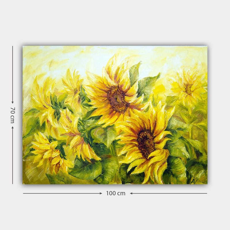 Canvas taulu 70x100 cm - Eloisa maalaus auringonkukista eri keltaisen ja vihreän sävyissä - Keltainen / Vihreä / Ruskea - Sisustustuotteet - Taulu & taide - Canvas-taulu