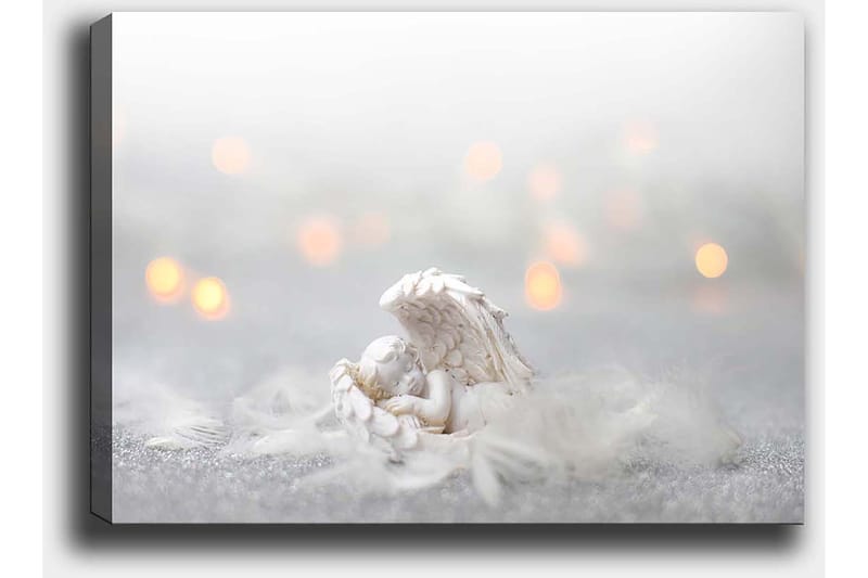 Canvas taulu 70x100 cm - Enkeli lepää pehmeällä alustalla, kirkkaiden ja unenomaisten elementtien ympäröimänä - Valkoinen / Vaaleanharmaa - Sisustustuotteet - Taulu & taide - Canvas-taulu