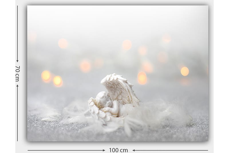 Canvas taulu 70x100 cm - Enkeli lepää pehmeällä alustalla, kirkkaiden ja unenomaisten elementtien ympäröimänä - Valkoinen / Vaaleanharmaa - Sisustustuotteet - Taulu & taide - Canvas-taulu