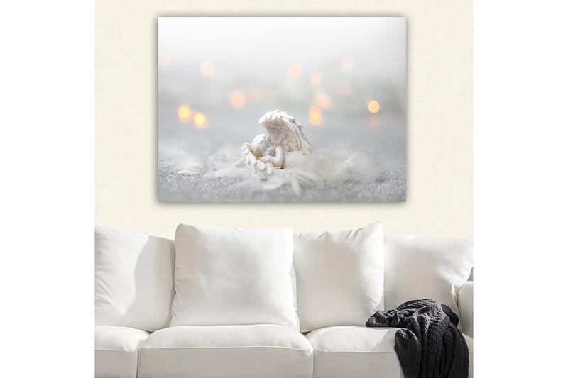 Canvas taulu 70x100 cm - Enkeli lepää pehmeällä alustalla, kirkkaiden ja unenomaisten elementtien ympäröimänä, Valkoinen / Vaaleanharmaa