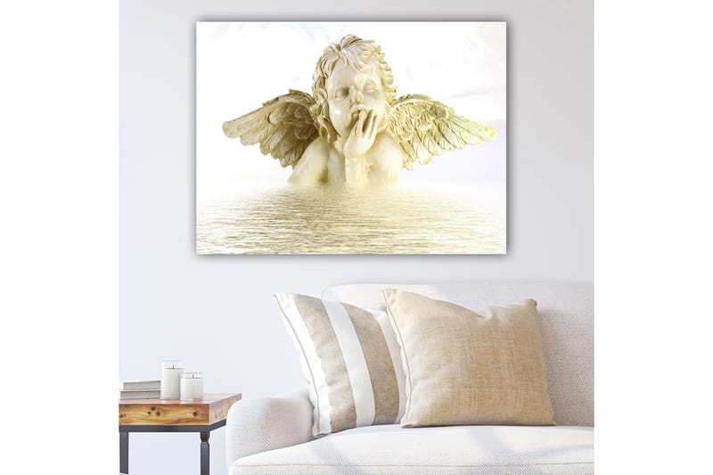 Canvas taulu 70x100 cm - Enkeli ojennettuine siivineen unelmoivan näköisenä, osittain veden alla, Vaaleanbeige / Valkoinen