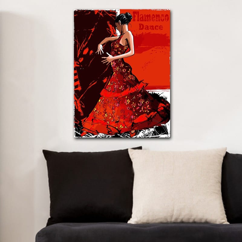 Canvas taulu 70x100 cm - Flamencotanssija punaisessa mekossa ilmaisee liikettä ja intohimoa - Punainen / Tummanpunainen / Musta - Sisustustuotteet - Taulu & taide - Canvas-taulu