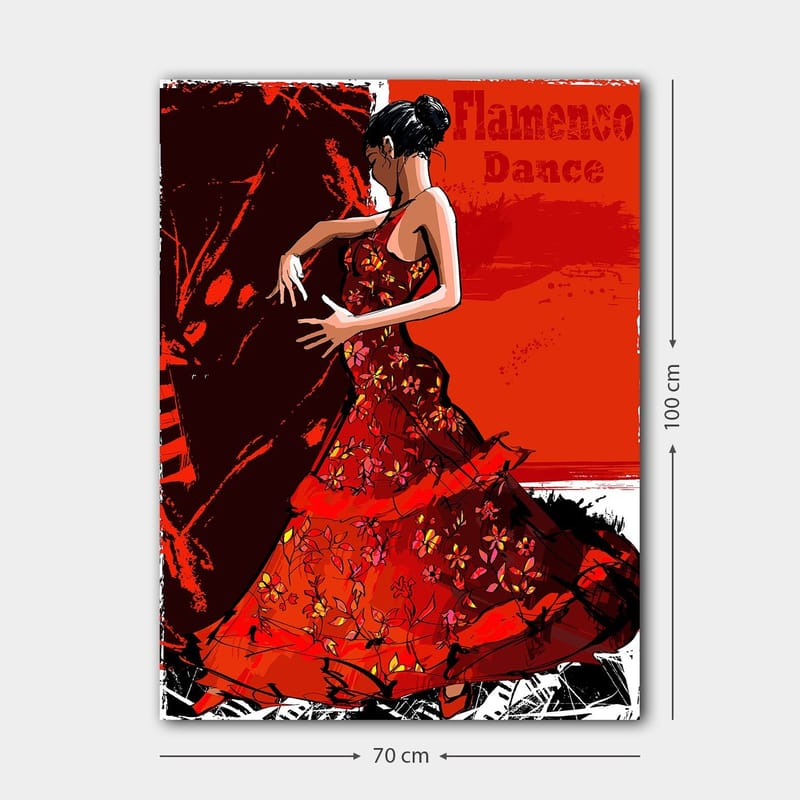 Canvas taulu 70x100 cm - Flamencotanssija punaisessa mekossa ilmaisee liikettä ja intohimoa - Punainen / Tummanpunainen / Musta - Sisustustuotteet - Taulu & taide - Canvas-taulu