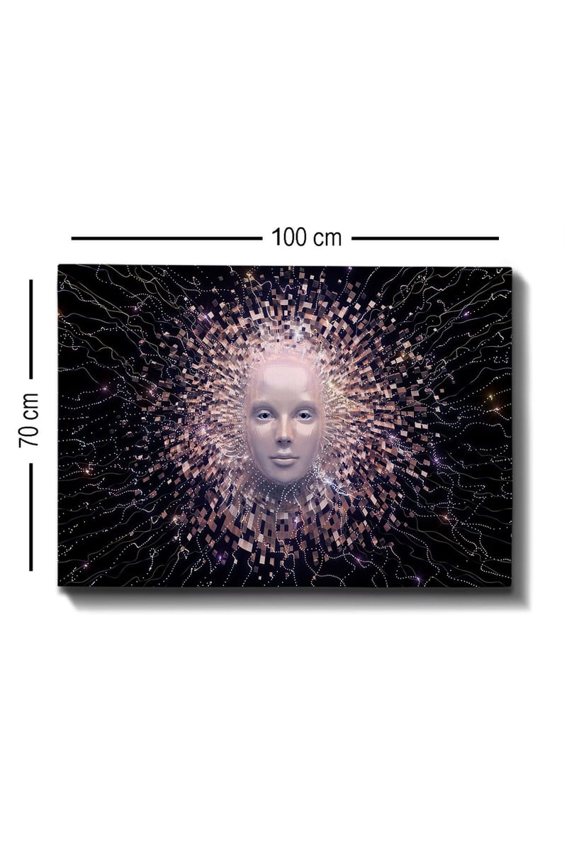 Canvas taulu 70x100 cm - Futuristinen kasvonaamio, jota ympäröi säteilevä geometristen muotojen aura - Vaaleanpunainen / Valkoinen / Musta - Sisustustuotteet - Taulu & taide - Canvas-taulu