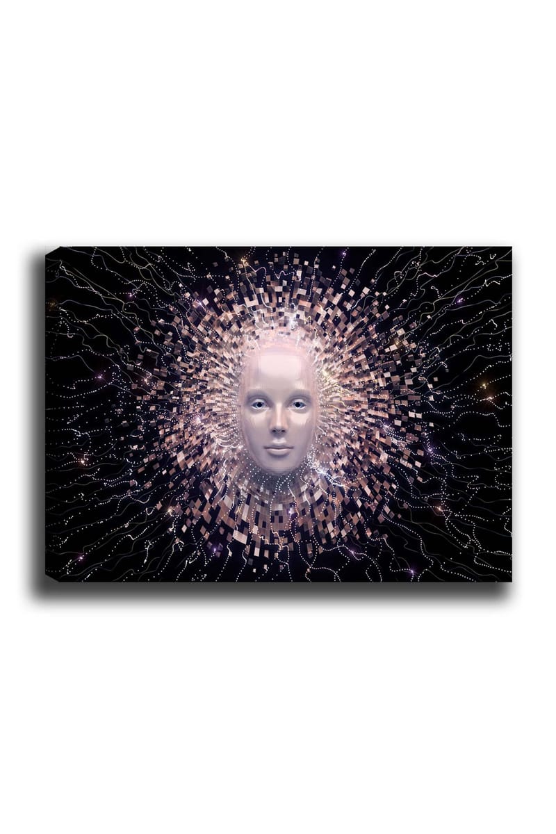 Canvas taulu 70x100 cm - Futuristinen kasvonaamio, jota ympäröi säteilevä geometristen muotojen aura, Vaaleanpunainen / Valkoinen / Musta