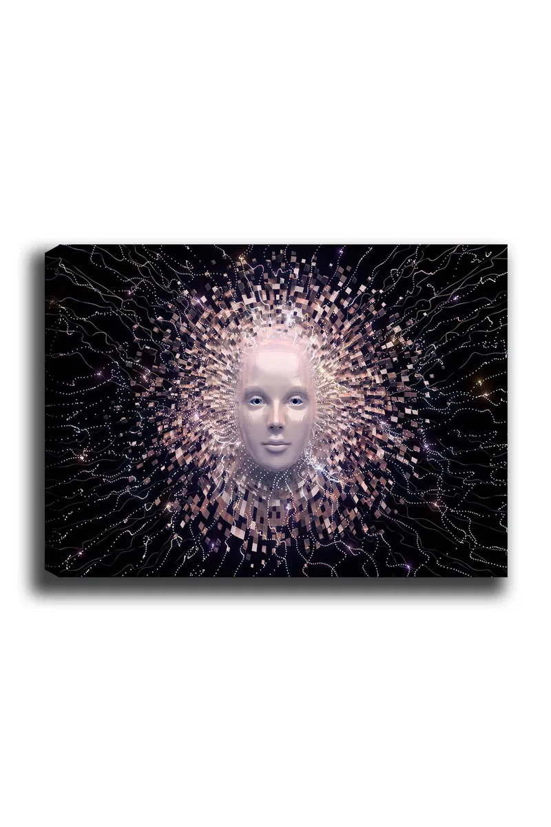 Canvas taulu 70x100 cm - Futuristinen kasvonaamio, jota ympäröi säteilevä geometristen muotojen aura, Vaaleanpunainen / Valkoinen / Musta