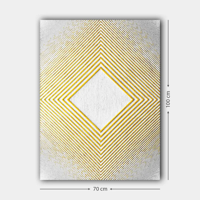 Canvas taulu 70x100 cm - Geometrinen sommitelma, jonka keskellä on rombin muotoinen rakenne, jota ympäröivät eri suuntiin kulkevat viivat. - Keltainen / Valkoinen / Harmaa - Sisustustuotteet - Taulu & taide - Canvas-taulu