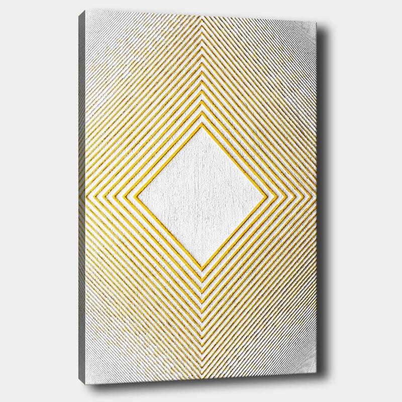 Canvas taulu 70x100 cm - Geometrinen sommitelma, jonka keskellä on rombin muotoinen rakenne, jota ympäröivät eri suuntiin kulkevat viivat., Keltainen / Valkoinen / Harmaa