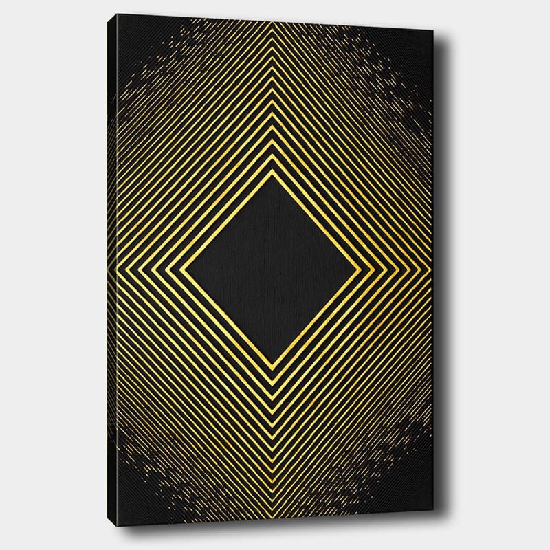 Canvas taulu 70x100 cm - Geometrinen sommitelma, jossa vinoviivat muodostavat kultaisen timantin mustalla taustalla, Kulta / Musta