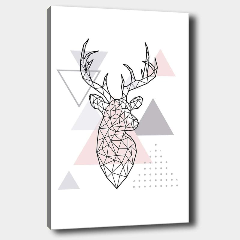 Canvas taulu 70x100 cm - Geometrinen peura monikulmiotyyliin kolmioiden ympäröimänä, Harmaa / Vaaleanpunainen / Musta
