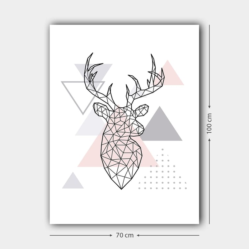 Canvas taulu 70x100 cm - Geometrinen peura monikulmiotyyliin kolmioiden ympäröimänä - Harmaa / Vaaleanpunainen / Musta - Sisustustuotteet - Taulu & taide - Canvas-taulu
