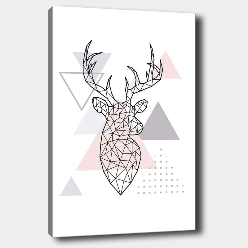 Canvas taulu 70x100 cm - Geometrinen peura monikulmiotyyliin kolmioiden ympäröimänä, Harmaa / Vaaleanpunainen / Musta
