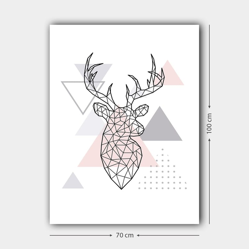 Canvas taulu 70x100 cm - Geometrinen peura monikulmiotyyliin kolmioiden ympäröimänä - Harmaa / Vaaleanpunainen / Musta - Sisustustuotteet - Taulu & taide - Canvas-taulu