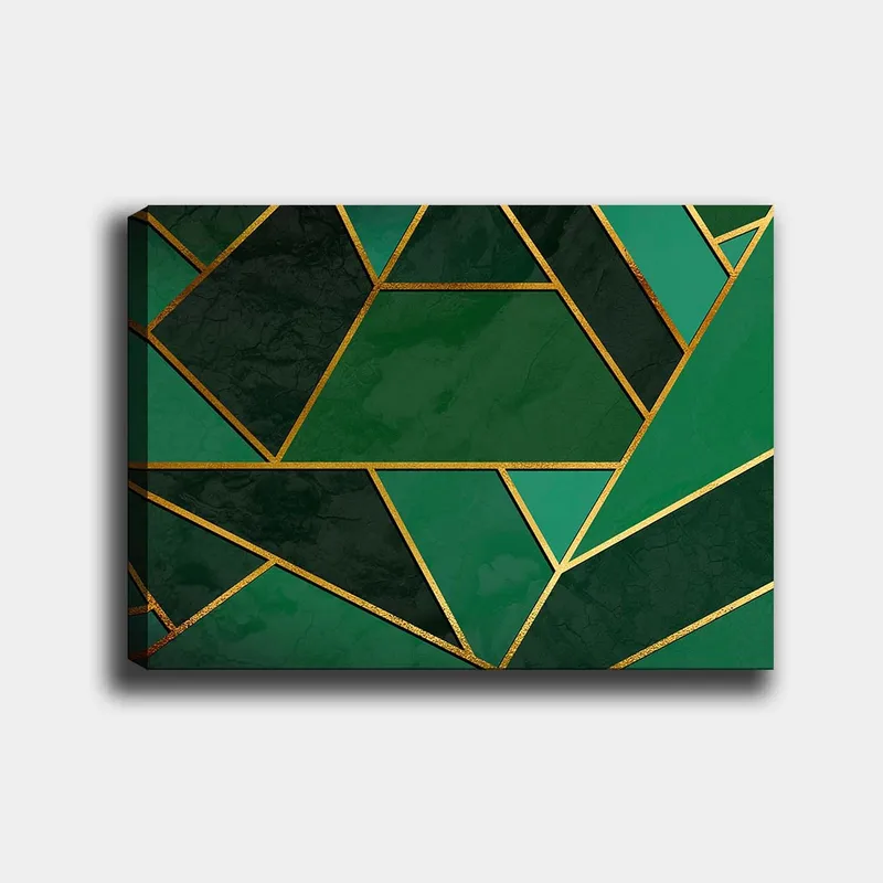 Canvas taulu 70x100 cm - Geometrisia muotoja eri vihreän sävyissä kultaisilla viivoilla, Tummanvihreä / Vaaleanvihreä / Kulta