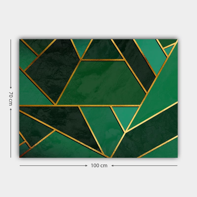Canvas taulu 70x100 cm - Geometrisia muotoja eri vihreän sävyissä kultaisilla viivoilla - Tummanvihreä / Vaaleanvihreä / Kulta - Sisustustuotteet - Taulu & taide - Canvas-taulu