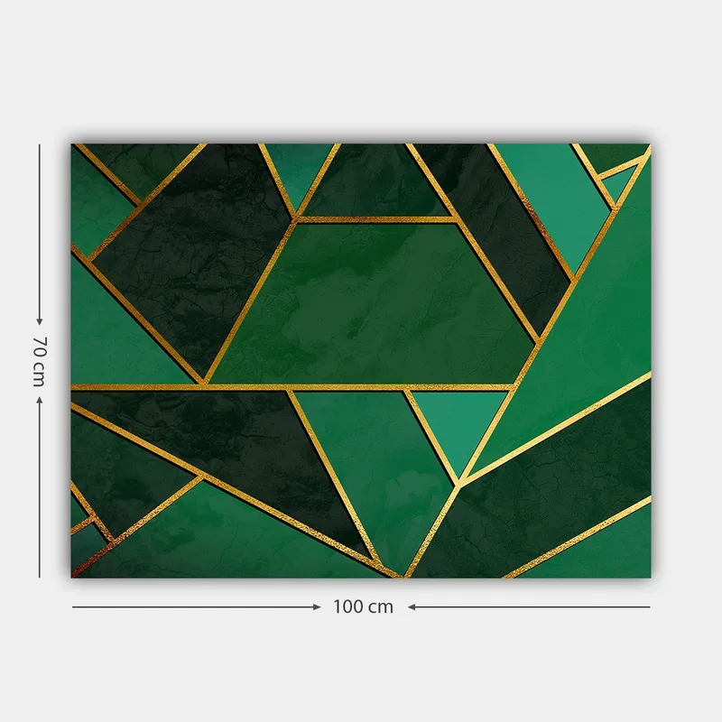 Canvas taulu 70x100 cm - Geometrisia muotoja eri vihreän sävyissä kultaisilla viivoilla - Tummanvihreä / Vaaleanvihreä / Kulta - Sisustustuotteet - Taulu & taide - Canvas-taulu