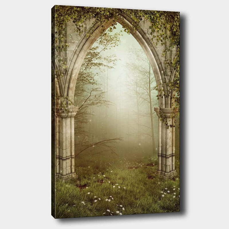 Canvas taulu 70x100 cm - Goottilainen portaali, jota ympäröi vehreys ja sumu salaperäisessä metsäympäristössä - Harmaa / Vihreä / Beige - Sisustustuotteet - Taulu & taide - Canvas-taulu